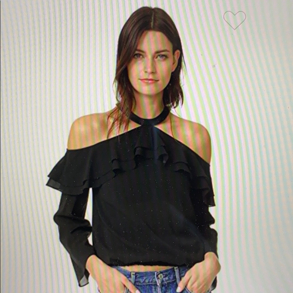 Alice + Olivia Black Off-Shoulder Ruffle Halter Blouse
